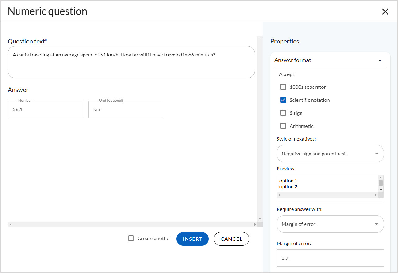 Numeric question The numeric question popup is shown with the Question text, the Number and Units fields filled in under Answer, and Properties listed on the right of the page.